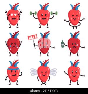 Cute heart characters. Healthy and sick unhealthy cute heart characters, medical human organ, sad and happy heart organ vector illustration set Stock Vector