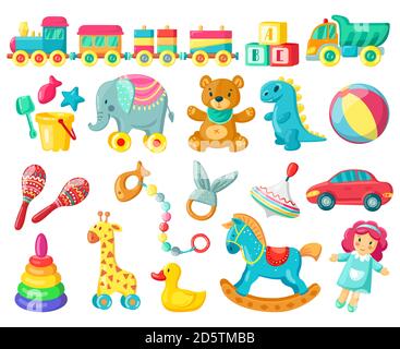 Cartoon kids toys. Baby plastic and wooden toys, bear, ball and doll, kids game activity, child fun and activity vector illustration symbols set Stock Vector