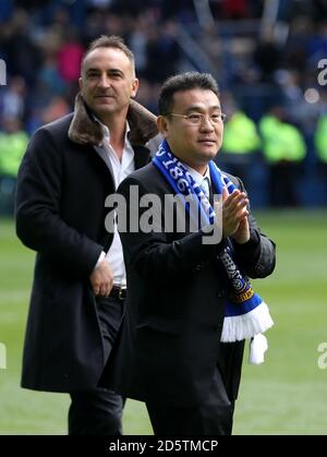 Sheffield Wednesday manager Carlos Carvalhal (left) and owner Dejphon Chansiri walk the pitch after the final whistle Stock Photo