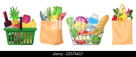 Supermarket grocery bags. Shopping baskets and bags, plastic, paper purchases packages, shopping bags with organic foods vector illustration set Stock Vector