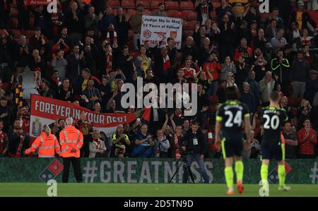 Arsenal's fans hold up a Wenger out banner at the end of the match Stock Photo