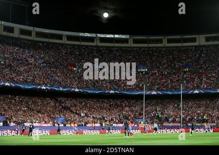 Atletico Madrid and Real Madrid players in action during the last UEFA Champions League game at the Vicente Calderon Stadium Stock Photo
