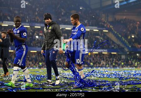 Chelsea's Eden Hazard (right) celebrates after the final whistle Stock Photo