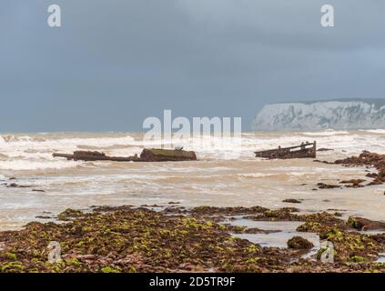 Wreck of SS Carbon at very low tide, at Compton bay, Isle of Wight Stock Photo