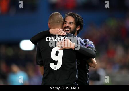 Real Madrid's Karim Benzema and Isco celebrate after the match  Stock Photo