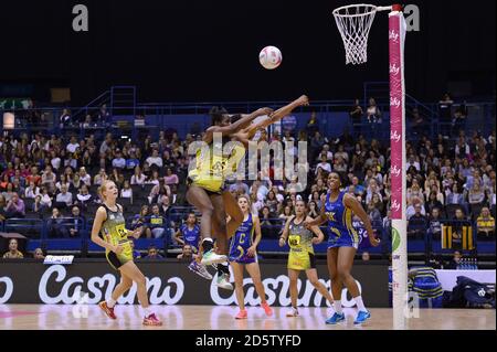 Manchester's Joyce Mvula shoots during the 3rd Place Play-Off between Team Bath and Manchester Thunder at the Vitality Netball Superleague Final Four at the Barclaycard Arena, Birmingham. Picture date: Sunday June 11, 2017. Photo credit should read: Anthony Devlin Stock Photo