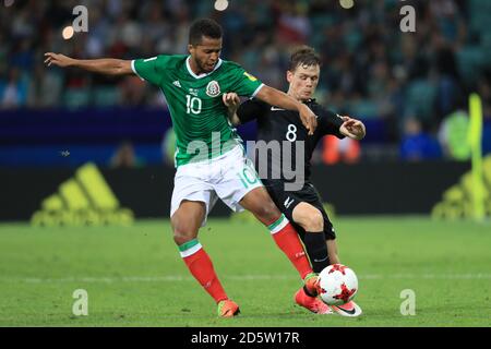Mexico's Giovani dos Santos (left) and New Zealand's Michael McGlinchey battle for the ball  Stock Photo