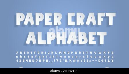 White paper alphabet. 3D font with transparent shadow, realistic paper cut out style. Uppercase and lowercase letters, numbers, punctuation marks. Stock Vector