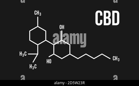 CBD molecular structure illustration. Cannabinol chemistry cannabis formula on black background vector icon logo isolated Stock Vector