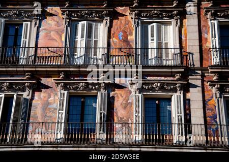 Casa de la Panadería in Plaza Mayor's exterior facade painted with allegorical figures in Madrid, Spain. Stock Photo