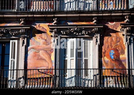 Casa de la Panadería in Plaza Mayor's exterior facade is painted with allegorical figures in Madrid, Spain. Stock Photo