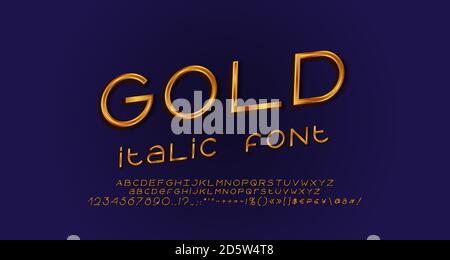 Golden italic alphabet, elegant geometric thin lines font. Uppercase and lowercase letters, numbers, symbols and marks. Vector illustration. Stock Vector