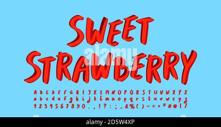 Modern bright alphabet paintbrush font. Uppercase and lowercase letters, numbers. Original label for red berries and fruits, blue background. Vector. Stock Vector