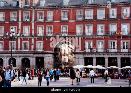 Plaza Mayor in Madrid Spain massive arched entrance. Stock Photo