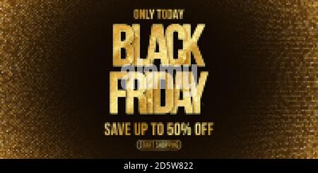 Luxury poster for Black Friday sale. Elegant business banner. Commercial discount event. Golden glittering text with halftone background. Vector illus Stock Vector
