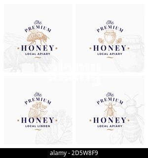 Premium Quality Honey Signs, Symbols or Logo Templates Collection. Hand Drawn Bee, Jar and Clover Sketches with Retro Typography. Local Apiary Vintage Stock Vector