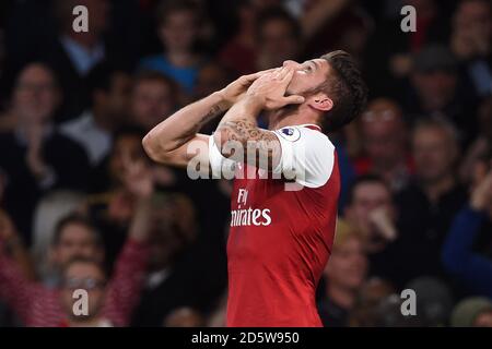 Arsenal's Olivier Giroud celebrates scoring the winning goal Stock Photo