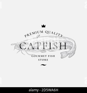 Premium Quality Gourmet Fish Purveyors. Abstract Vector Sign, Symbol or Logo Template. Hand Drawn Catfish with Classy Retro Typography. Restaurant or Stock Vector