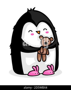 Cute cartoon penguin with bunny slippers and teddy bear geting ready for bed Stock Photo