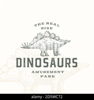 Real Size Dinosaurs Amusement Park Abstract Sign, Symbol or Logo Template. Hand Drawn Stegosaurus Reptile with Premium Typography and Background Stock Vector