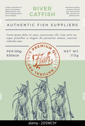 River Fish Abstract Vector Packaging Design or Label. Modern Typography Banner, Hand Drawn Catfish Silhouette with Lettering Logo Stamp. Color Paper Stock Vector