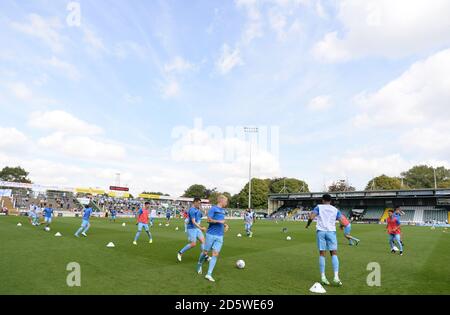 Coventry City players warming up before the game Stock Photo