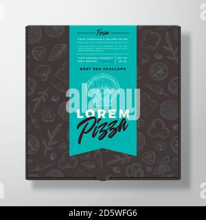 Scallops Seafood Frozen Pizza Realistic Cardboard Box. Abstract Vector Packaging Design or Label. Modern Typography, Sketch Seamless Food Pattern Stock Vector