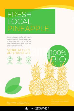 Fresh Local Fruits Label Template. Abstract Vector Packaging Design Layout. Modern Typography Banner with Hand Drawn Pineapples Sketch Silhouette Stock Vector