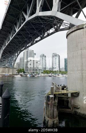 Wide-angle view from Granville Island, with Yaletown Skyrises and the Granville Bridge in the Background, Vancouver, B.C. Stock Photo