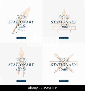 Stationary Autumn Sale Set. Abstract Vector Labels, Signs or Card Templates Collection. Hand Drawn Golden Pen, Pencil, Compas and Ruler Sketch Stock Vector