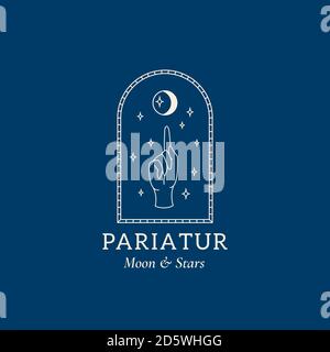 Hand Pointing with Finger to the Moon and Stars in Space Through Window. Abstract Vector Trendy Gesture Minimal Sign or Linear Logo Template. Stock Vector