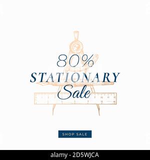 Eighty Percent Stationary Autumn Sale. Abstract Vector Label, Sign or Card Template. Hand Drawn Golden Pen, Compas and Ruler Sketch Illustration with Stock Vector