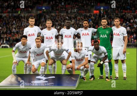 Tottenham Hotspur's team group - Back row (left to right): Eric Dier, Toby Alderweireld, Davinson Sanchez, Mousa Dembele, Hugo Lloris and Jan Vertonghen. Bottom Row (left to right): Heung-Min Son, Christian Eriksen, Ben Davies, Harry Kane and Serge Aurier  Stock Photo