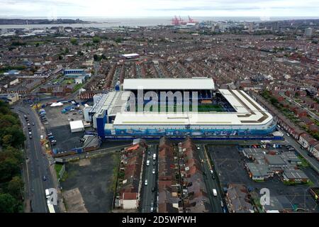 A general view of Goodison Park taken by drone from Stanley Park.