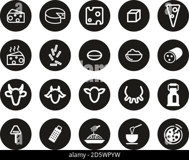 Cheese Type Icons White On Black Flat Design Circle Set Big Stock Vector