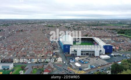 A general view of Goodison Park and surrounding area taken by drone from Stanley Park.