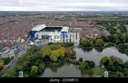 A general view of Goodison Park and surrounding area taken by drone from Stanley Park.