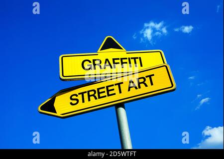 Graffiti vs Street Art - Traffic sign with two options - illegal, vandalistic and rebellious tags in urban space vs legal and allowed artistic express Stock Photo