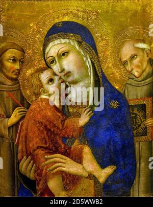 Madonna and Child with Saint Francis of Assisi and St Bernardine of Siena 1460  painting by Sano di Pietro  1406-1481  Italian, Italy, Stock Photo