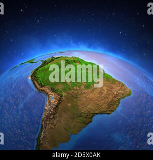 Surface of the Planet Earth viewed from a satellite, focused on South America, Andes cordillera and Amazon rainforest. Physical map of Amazonia. 3D il Stock Photo