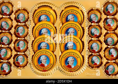 Tambov, Russian Federation - April 30, 2020 Full Box of Mozartkugeln and Mozarttaler chocolates. Stock Photo