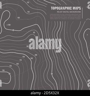 Lie Of Ground Vector Topographic Detailed Map with Route and Coordinates. Abstract Topographic Background in Grey Colors. Stock Vector