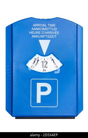 Parking disc with english, dutch, french and german text isolated on white background Stock Photo