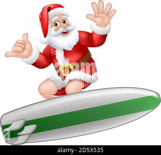 Santa Surfing On Surf Board Shaka Hand Cartoon Stock Vector