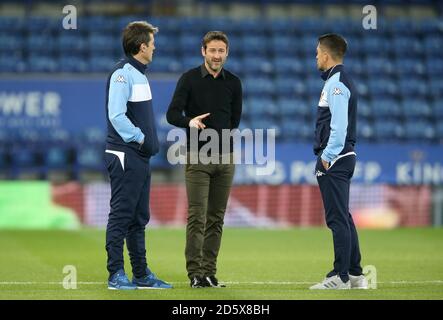 Leeds United Manager Thomas Christiansen (centre) inspects the pitch ahead of the match  Stock Photo