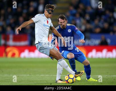 Everton's Dominic Calvert-Lewin (left) and Leicester City's Christian Fuchs battle for the ball Stock Photo