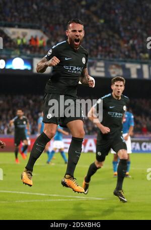 Manchester City's Nicolas Otamendi (left) celebrates scoring his side's first goal of the game Stock Photo