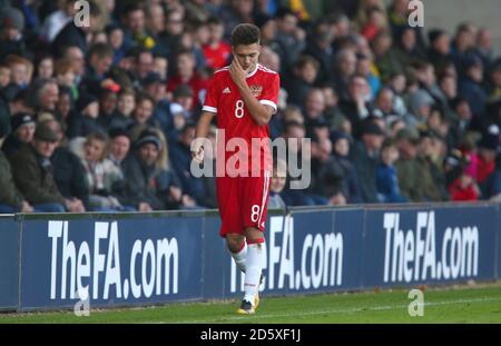 Russia's Dmitry Markitesov is sent off for a foul on England's Louie Sibley Stock Photo