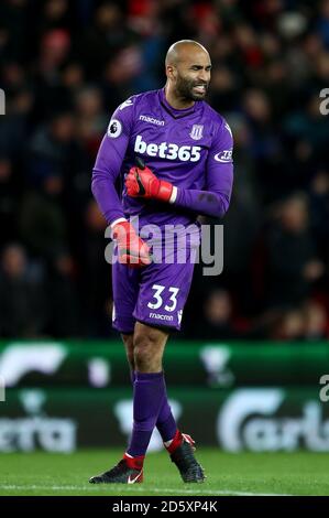 Stoke City goalkeeper Lee Grant reacts after Stoke were not awarded a penalty Stock Photo