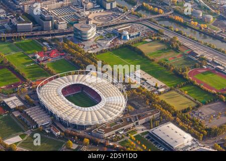 Germany, Baden-Wuerttemberg, Stuttgart, aerial view of Neckarpark with Mercedes-Benz Arena Stock Photo